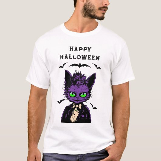 Paarse Halloween Cat T-shirt (Voorkant)