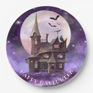 Paarse Halloween Haunch House Bats Full Moon Papieren Bordje