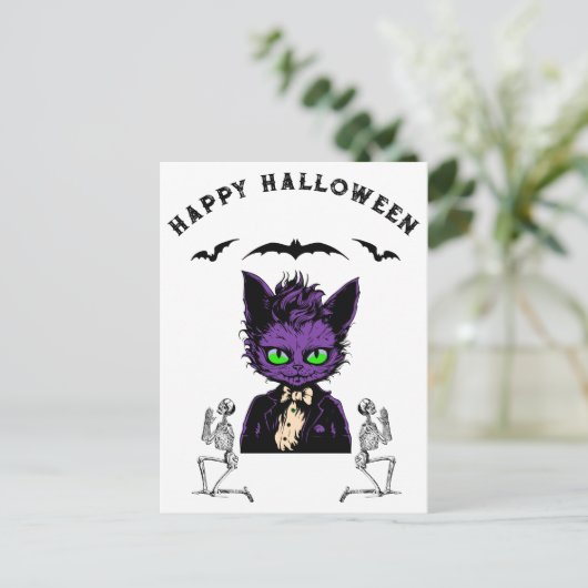 Paarse Halloween Kat met Vleermuizen en Skeletten Briefkaart (Staand voorkant)