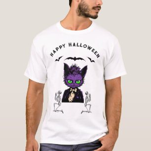 Paarse Halloween kat met vleermuizen en skeletten T-shirt