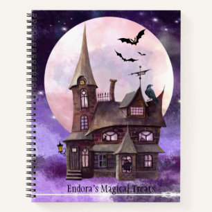Paarse Halloween Oude Huis Vleermuizen Volle Maan Notitieboek