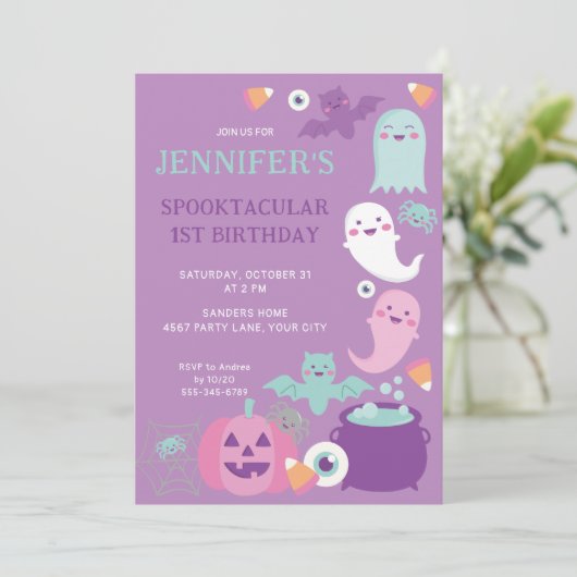 PAARSE HALLOWEEN SPOOKTACULAIR VERJAARDAGSFEEST KAART (Staand voorkant)