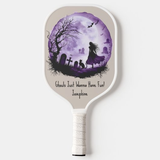 Paarse Halloween Witch Black Cat Graveyard Bats Pickleball Paddle (Achterkant)