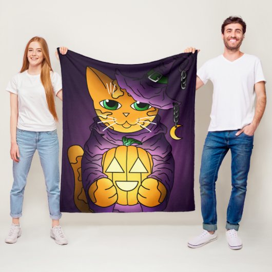 Paarse Halloween Witch Cat Fleece Blanket Deken (In situ)