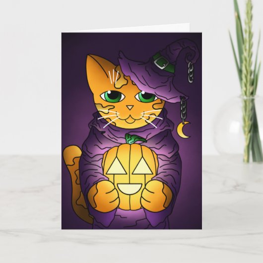Paarse Halloween Witch Cat Kaart (Voorkant)