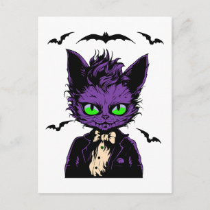 Paarse Halloweenkat met vleermuizen Briefkaart