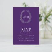 Paarse hand getrokken blad monogram RSVP bruiloft (Staand voorkant)