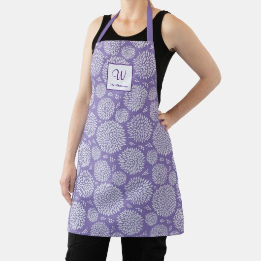 Paarse Hand-getrokken bloemenpatroon Monogram Scho Schort (Insitu)