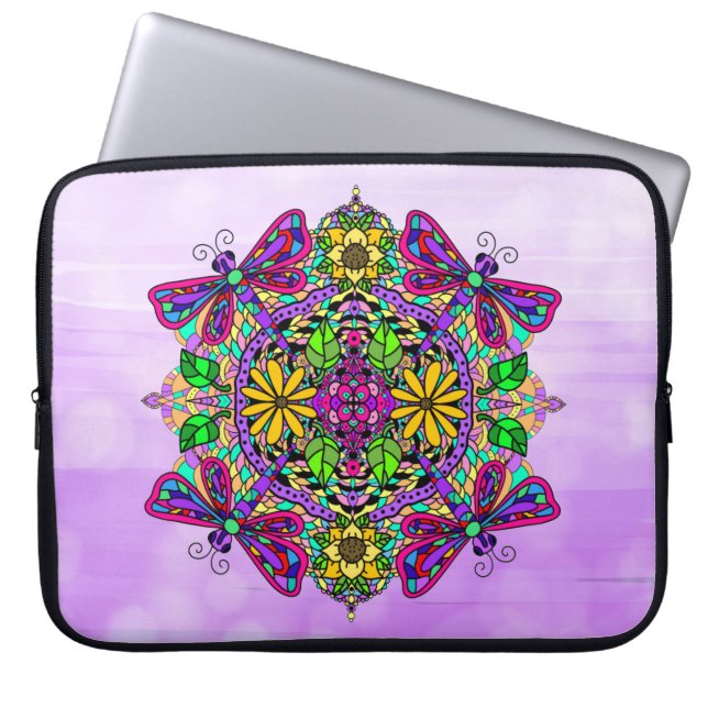 Paarse hand getrokken Dragonfly Mandala Laptop Sleeve (Voorkant)