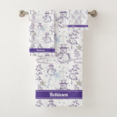Paarse Hand Getrokken Xmas Sneeuwman Streep Bad Handdoek (Insitu)