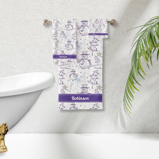 Paarse Hand Getrokken Xmas Sneeuwman Streep Bad Handdoek