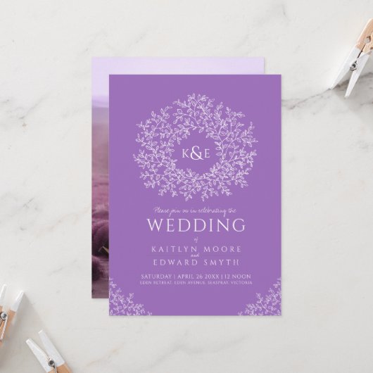 Paarse handgetekende springbladbotanische krans kaart (Voorkant / Achterkant in situ)