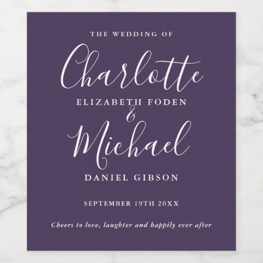 Paarse Handtekening Script Bruiloft Wijn Etiket (Enkel label)