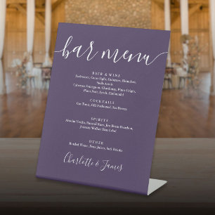 Paarse Handtekening Script Wedding Bar Menu Reclamebord Met Voetstuk