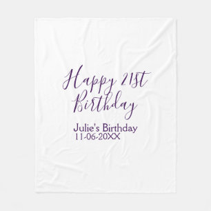 Paarse Happy 21st Verjaardag Naam Datum Sleutelhan Fleece Deken