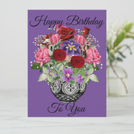 Paarse Happy Birthday Floral Bouquet met Rozen Kaart