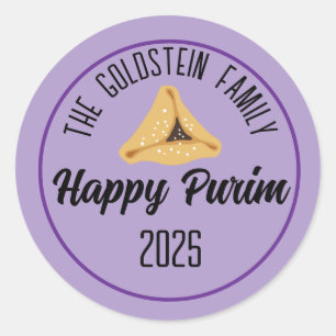 Paarse Happy Purim Hamentashen Classic Round Stick Ronde Sticker