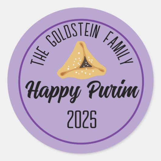 Paarse Happy Purim Hamentashen Classic Round Stick Ronde Sticker (Voorkant)