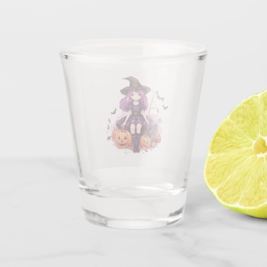 Paarse harige pompoenen & vleermuizen Shot Glas (Achterkant)
