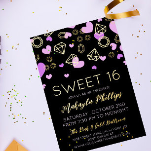 Paarse harten en gouden Pareltjes Sweet 16 Folie Uitnodiging