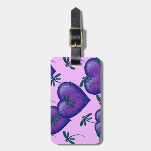 Paarse harten en libellen bagagelabel (Voorkant verticaal)