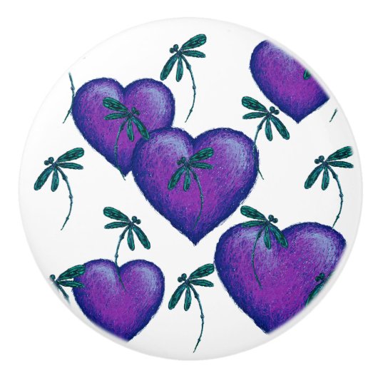 Paarse harten en libellen keramische knop (Voorkant)