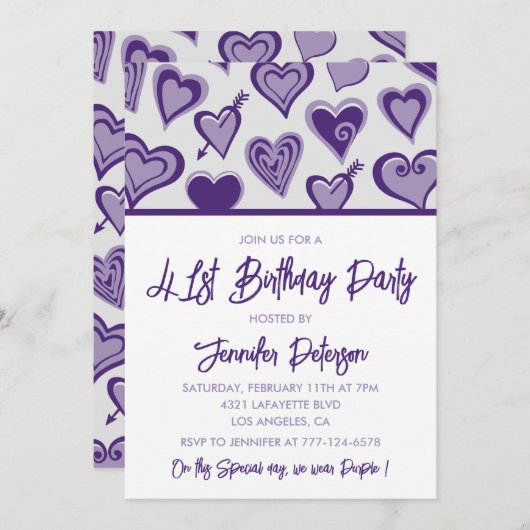 Paarse Harten Night Out Girly 41e verjaardag Kaart (Voorkant / Achterkant)