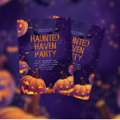 Paarse Haunted Haven Halloween-feestuitnodiging Kaart