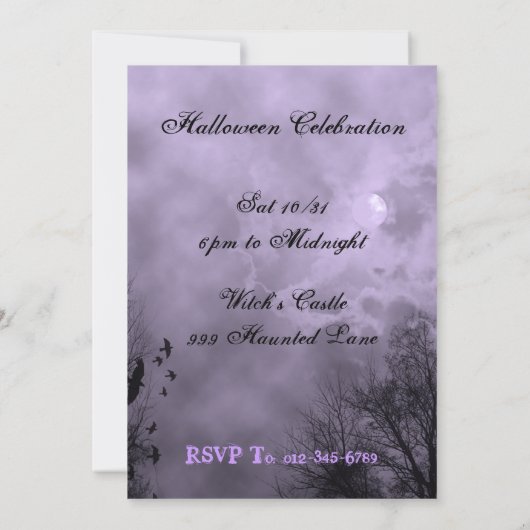Paarse Haunted Sky Custom Halloween Uitnodigingen (Achterkant)