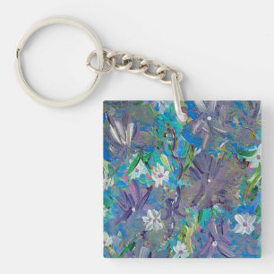 Paarse Haze Bloemen Acryl Vierkante Sleutelhanger