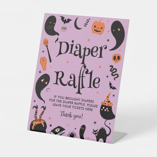 Paarse heks Halloween Baby shower Luier Raffle Reclamebord Met Voetstuk (Voorkant)