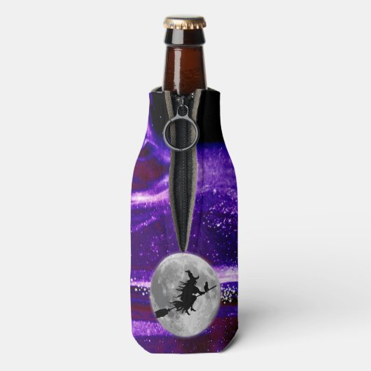 Paarse heks silhouet halloween flesjeskoeler (Fles Achterkant)