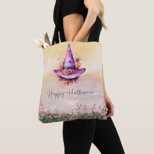Paarse heksen Pet Abstracte bloemen Halloween Draagtas