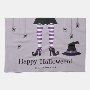 Paarse Heksenbenen Met Een Hoed En Spinnen Hallowe Theedoek