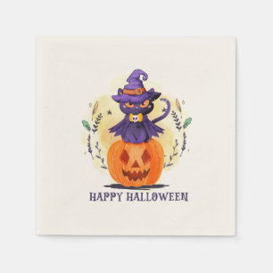 Paarse heksenkat op pompoen - Happy Halloween Servet