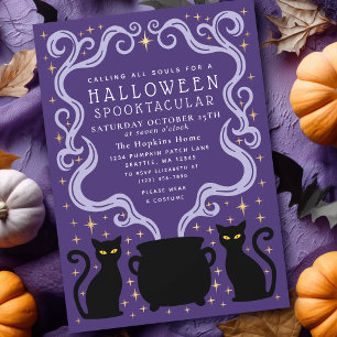 Paarse Hekserige Zwarte Kat Ketel Halloween Feest Kaart