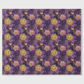 Paarse Hemelse Bloemen Zon Maan en Sterren Cadeaupapier (Vlak)