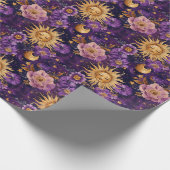 Paarse Hemelse Bloemen Zon Maan en Sterren Cadeaupapier (Hoek)