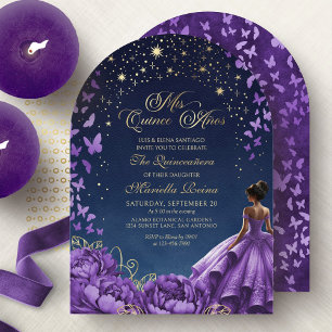 Paarse Hemelse Sterren Bloemige Quinceanera Kaart