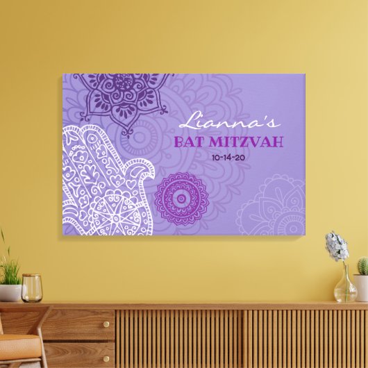 Paarse Hemsa Bat Mitzvah Memory Inlogbord Canvas Afdruk (Insitu (Woonkamer))