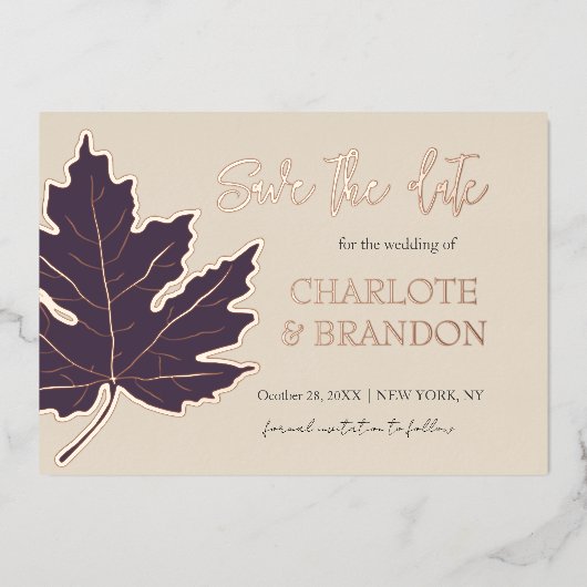 Paarse Herfst Esdoren Bruiloft Save The Date  Folie Uitnodiging (Voorkant)