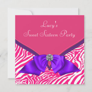 Paarse hete roze zebra Sweet 16 verjaardagsfeestje Kaart