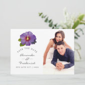Paarse Hibiscus Bloem Trouw Save the Date (Staand voorkant)