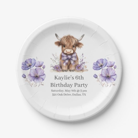 Paarse Highland Koe verjaardagsfeest Papieren Bordje (Voorkant)