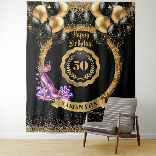 Paarse hoge hakken 50e verjaardag partij achtergro wandkleed (In situ)