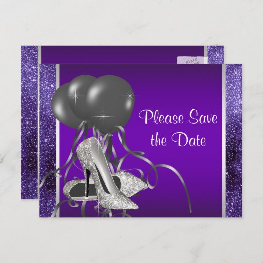 Paarse hoge hakschoen Bewaar de datum Aankondigingskaart (Voorkant / Achterkant)