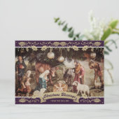 Paarse Holly Natitivity Scene Christelijke kerst Feestdagenkaart (Staand voorkant)
