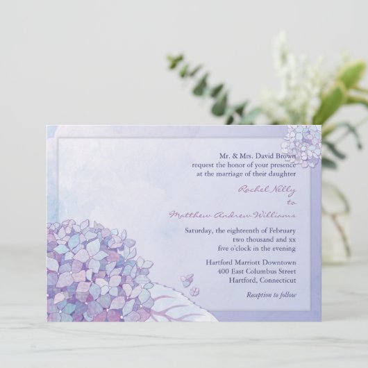 Paarse hortensia bloeit bloemenbruiloft kaart (Staand voorkant)