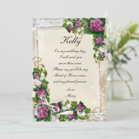 Paarse Hortensia en Kant Bruidsmeisje Kaart (Staand voorkant)