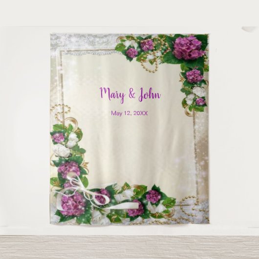 Paarse hortensia en kant bruiloft achtergrond wandkleed (Voorkant)